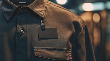 Blank ID badge on shirt, factory background, mockup