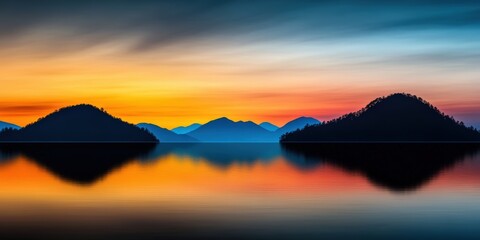 Serene Sunrise Over Mountains and Calm Lake Reflecting Vivid Colors of the Sky in Early Dawn