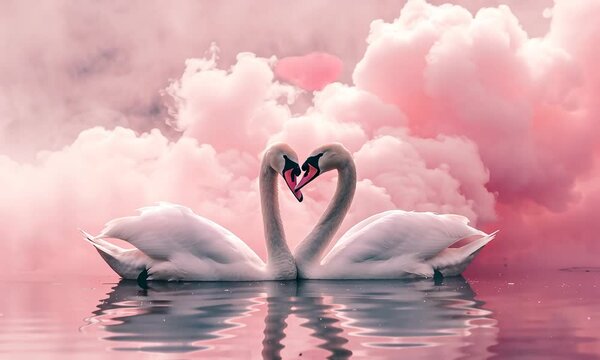 Deux cygnes blancs formant un c&oelig;ur avec leurs cous, ciel rose et nuages romantiques, ambiance po&eacute;tique et &eacute;l&eacute;gante pour la Saint Valentin le 14 f&eacute;vrier.