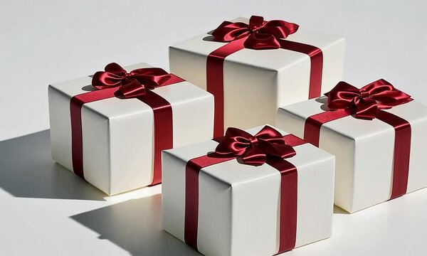 Paquets cadeaux blancs avec rubans rouges, pour No&euml;l, la Saint Valentin, anniversaire ou d'autres occasions sp&eacute;ciales.
