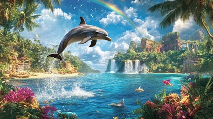 A stunning image of a dolphin jumping into the air, set against a colorful rainbow and serene ocean.