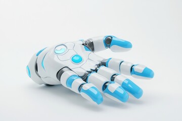 3D Render of Cartoon-Style Robot Hand on White Background. Simple Design with Cute Blue Details.
