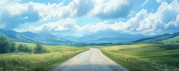 Fototapeta premium scenic countryside road stretches through lush green fields and rolling hills, under bright blue sky with fluffy clouds. tranquil landscape invites exploration and adventure