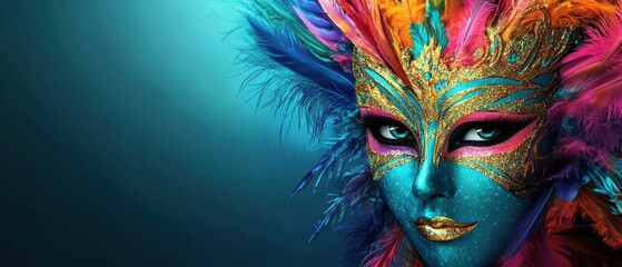 Mysterious Woman in Vibrant Carnival Mask with Colorful Feathers