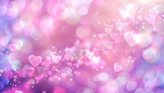 &Eacute;clat rose et violet avec vol&eacute;es de c&oelig;urs lumineux sur fond flou bokeh, d&eacute;cor romantique abstrait avec espace n&eacute;gatif copyspace pour Saint Valentin ou message d&rsquo;amour