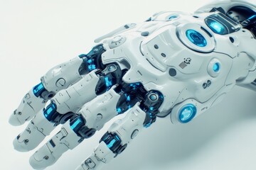 3D Render of Cartoon-Style Robot Hand on White Background. Simple Design with Cute Blue Details.