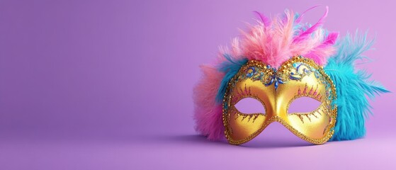 Elegant Gold Venetian Mask with Pink and Blue Feathers on Purple Background