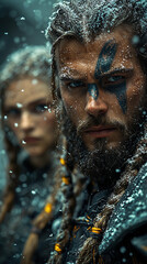 Powerful Viking warrior in full battle gear, wielding an axe and shield on a rugged battlefield, fierce expression, Norse warrior legacy, medieval warrior stance, Viking combat readiness
