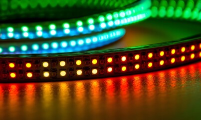 Colorful LED strip lights in red, green, and blue.