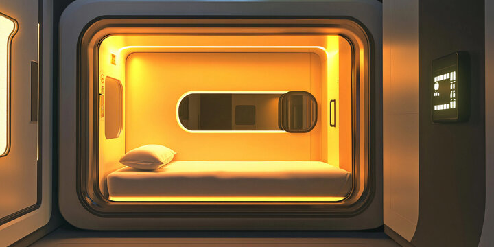 Modern capsule hotel room with warm lighting and simple design