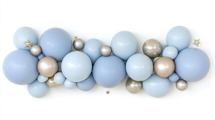 The vibrant balloon garland displays an array of light blue and gold spheres, adorned with glittering stars against a crisp white backdrop