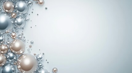 A collection of silver spheres creates a striking visual composition against a white background, offering ample space for text