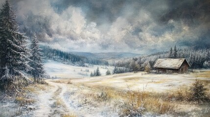 A serene winter landscape featuring a snowy field, a rustic cabin, and distant mountains.