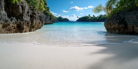 Obraz premium Serene Beach Landscape with Clear Water and Lush Greenery Under Bright Blue Sky