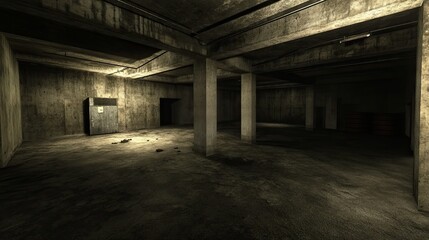 Abstract concrete room interior: 3D-rendered, empty, and dark.