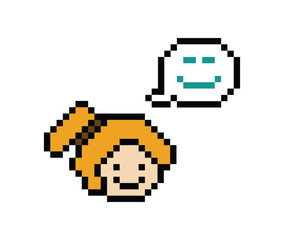Fototapeta premium Cute pixel cartoon 8bit character woman lady feel love happy happiness like emotion lifestyle decoration life style 8 bit female girl fun happy like favorite mood game isolated 8bit PNG vector.