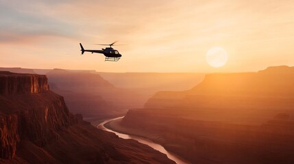 Dramatic Helicopter Silhouette Above Ethereal Canyon Landscape at Sunset