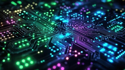 Glowing circuit board with data flow on dark background, for technology or futuristic concepts