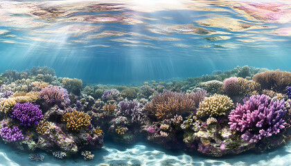 Naklejka premium Vibrant underwater scene showcasing a diverse coral reef teeming with life, bathed in sunlight.