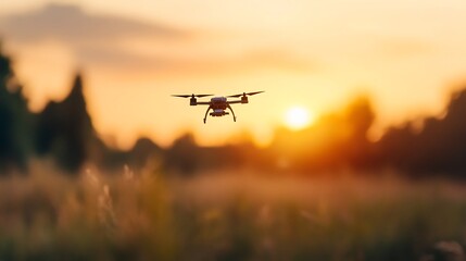 Remote-Controlled Toy Helicopter Soaring in Golden Hour Sunset Landscape