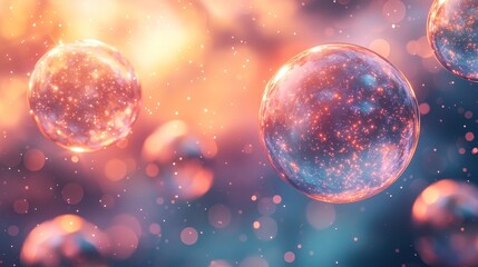 Fototapeta premium Glowing, ethereal spheres drift peacefully through a twilight sky, fading into a sparkling cosmic background