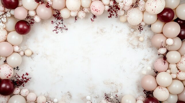 Colorful Valentine's Day backdrop features pink and red balloons along with flowers, ideal for decorating a party or wedding celebration event