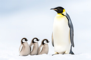 Fototapeta premium A family of emperor penguins with one adult and three chicks standing on snow-covered ground, symbolizing unity and natural wildlife in a frosty environment.