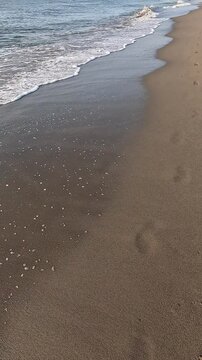 Vertical video walking on the shore of a beach with the waves of the sea lapping on the brown sand. There are some traces of footprints
