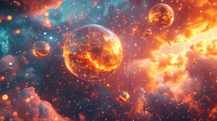 Obraz premium Glowing spheres ascend into a cosmic sky, shimmering glitter surrounds, blending futuristic technology with celestial elements, vibrant colors, ethereal beauty, futuristic cosmos, cosmic art
