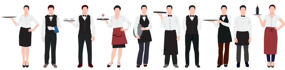 set professional waiter and waitress. Men and women restaurant staff in uniform. 