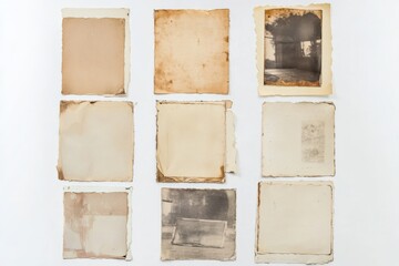 a collection of nine old pieces of paper with various textures and colors