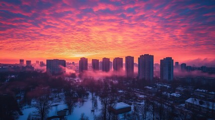 Fototapeta premium Stunning sunrise over urban skyline with colorful clouds and serene landscape in winter