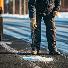 road worker spreading salt on icy ground to prevent slipping. Close-up of a gloved hand releasing salt granules. Protective gloves and boots emphasize winter safety on snowy roads.
