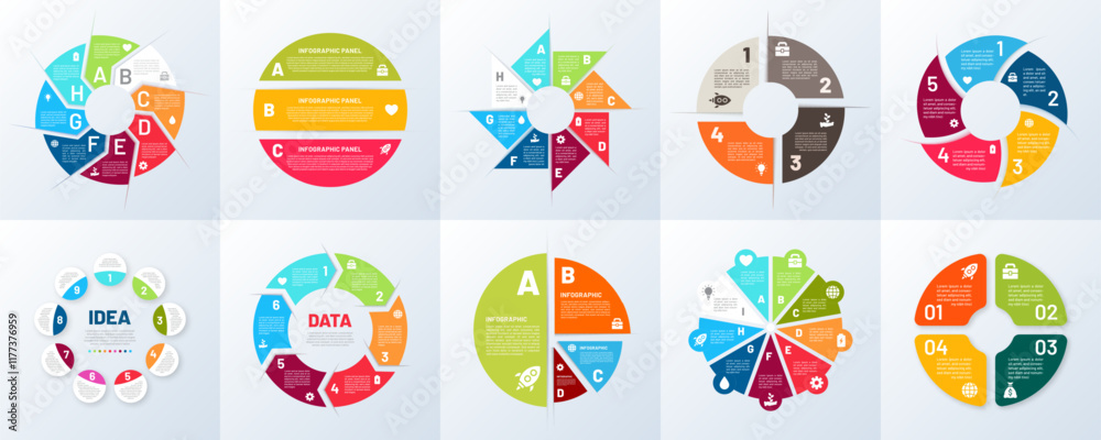 Aufkleber Infographic chart. 8 step graph. Information diagram. Circular infochart parts. Presentation cycle of business progress. Sequence process. Workflow visualization. Vector pictograms set