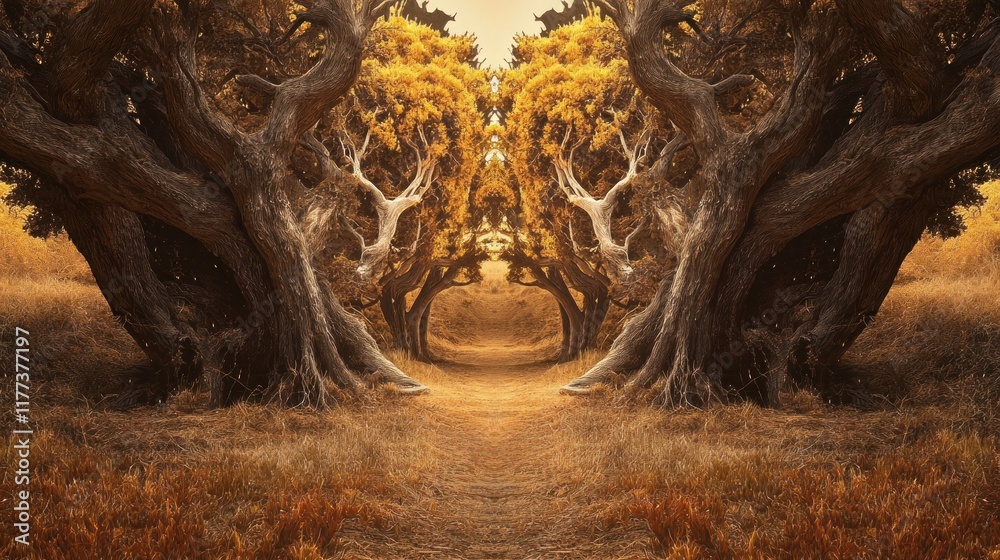 Poster a serene, symmetrical forest scene with twisted trees and golden foliage.