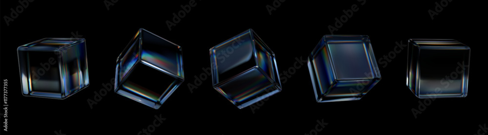 Poster 3D glass cube. Abstract square object. Transparent light shape on black background. Futuristic crystal. Geometric figures. Iridescent blocks. Plexiglass forms. Vector render icons set