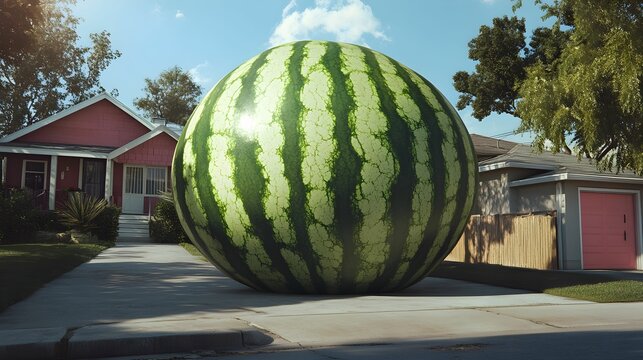 Giant watermelon takes over suburban driveway on a sunny afternoon