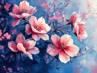 Delicate Pink Blossoms Against a Soft Blue Background in a Beautiful Floral Arrangement