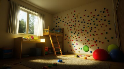 Bright and Colorful Children's Room with Bunk Bed, Playful Wall Decals, and Small Study Desk in High Angle View