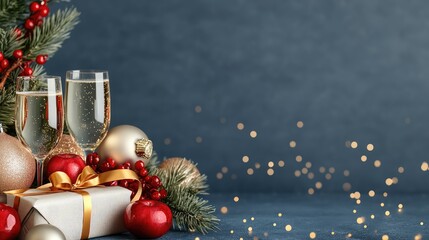 Elegantly set champagne glasses and shimmering golden ribbons create a festive atmosphere perfect for New Year celebrations, leaving room for text