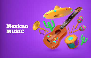 Mexican holiday. 3D Mexico carnival elements like guitar, ukulele and maracas. Realistic sombrero and party instruments. Hispanic entertainment. Musical orchestra. Vector banner design