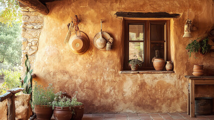 A textured clay wall in a rustic adobe home, adorned with handmade pottery and warm earthy tones