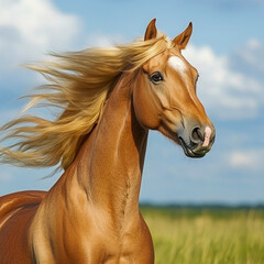 Fototapeta premium Close-up of a majestic golden horse with a flowing mane, standing in a grassy field under a clear blue sky. 