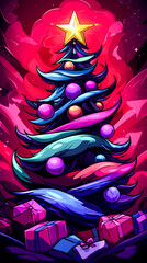 Obraz premium Colorful Christmas tree adorned with ornaments and a glowing star, surrounded by festive gifts on a vivid red background. 