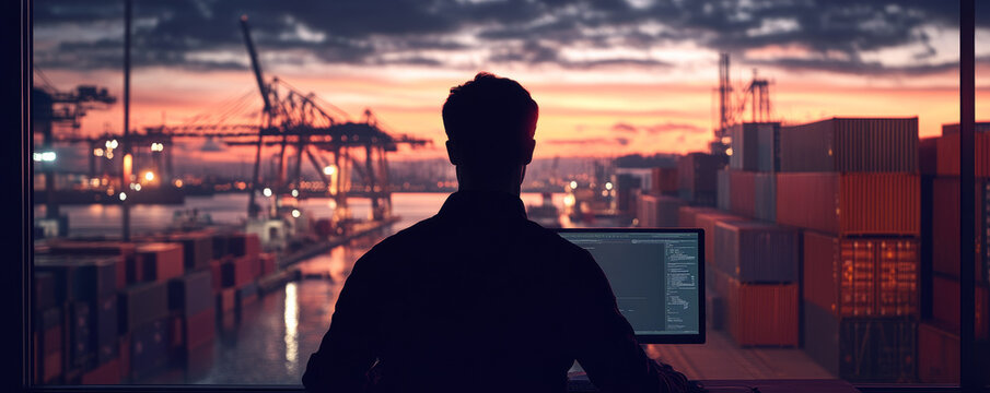 shadowed figure working at computer during twilight, overlooking port filled with shipping containers and cranes. vibrant sunset creates dramatic atmosphere