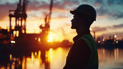 worker in safety helmet stands silhouetted against glowing dusk sky, with cranes and port in background, evoking sense of determination and focus