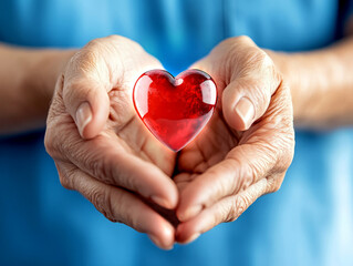 Obraz premium Caring Hands Holding a Shiny Red Heart Symbolizing Love and Compassion in Elderly Care Setting