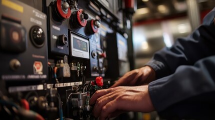 Obraz premium Close up of a technician's hands skillfully operating an industrial control panel, featuring an array of buttons, switches, and a digital display, highlighting expertise in a technical environment