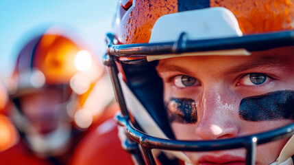 Intense Young Male Football Player in Helmet with Focused Expression on Field
