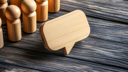 Wooden speech bubble with wooden figures on a rustic wooden table background